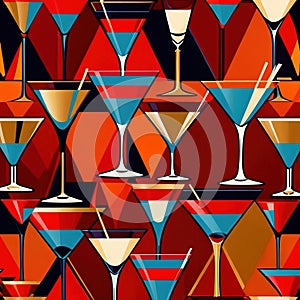 Martini cocktails, alcoholic drinks retro vintage elegant art deco style illustration