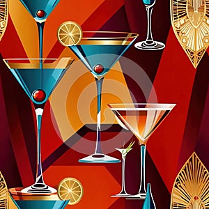 Martini cocktails, alcoholic drinks retro vintage elegant art deco style illustration