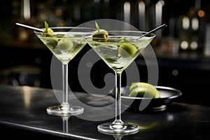 Martini cocktails clashing in bar, toasting cheers concept for socializing and celebrating
