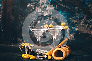 Martini, dry cocktail. Classic martini with olives served cold in restaurant or club. Alcoholic cocktails in local bar