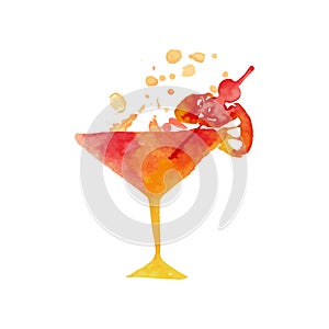 Martini glass with cocktail colorful hand drawn watercolor vector Illustration