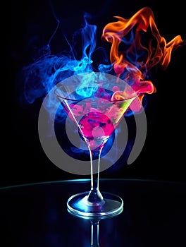 martini glass with colorful alcohol and smoke on black background, burning cocktail with neon glow, generative AI