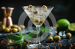 A martini glass filled with a cocktail and garnished with olives, surrounded by ingredients and bar tools on a dark, textured