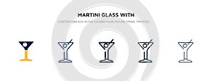 Martini glass with olive icon in different style vector illustration. two colored and black martini glass with olive vector icons