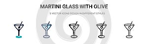 Martini glass with olive icon in filled, thin line, outline and stroke style. Vector illustration of two colored and black martini