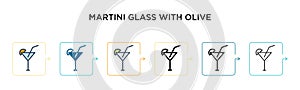 Martini glass with olive vector icon in 6 different modern styles. Black, two colored martini glass with olive icons designed in