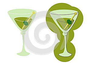 Martini glass with olive on white background. Cartoon sketch graphic design. Flat style. Conditional colored hand drawn image.