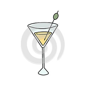 Martini glass with olives in doodle style. Cute cartoon cocktail. Vector illustration isolated on white