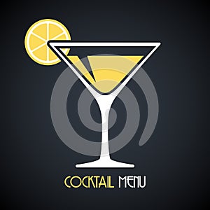 Martini glass with poured martini or vermouth and lemon slice. Design template for cocktail menu. Vector illustration