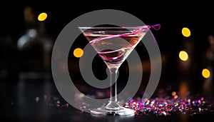 Martini glass reflects multi colored nightlife celebration at illuminated bar generated by AI