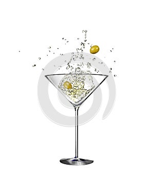 Martini glass with water drops with olives Isolated on white background. 3d rendering