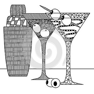 martini glasses with olives and shaker in the style of Zenart, doodle, zentangle, black and white still life