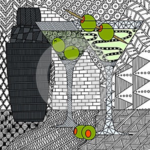 Martini glasses with olives and shaker in the style of zenart, doodle, zentangle, black and white still life