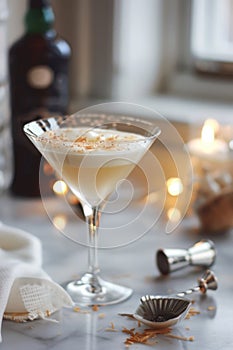 Martini glasses rimmed with coconut flakes, filled with a creamy cocktail