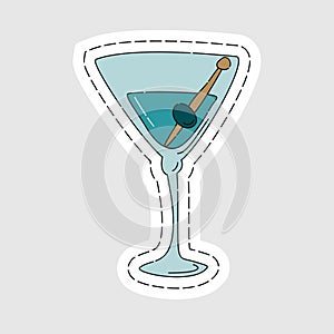 Martini glassware as a sticker. Cartoon sketch graphic design. Doodle style. Colored hand drawn image. Party drink concept for