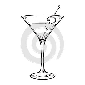 Martini with olive alcoholic cocktail in glass isolated on white background hand drawn vintage style line art vector illustration.