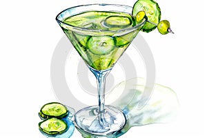 Martini with pickled cucumber in a glass on a white isolated background, watercolor illustration.