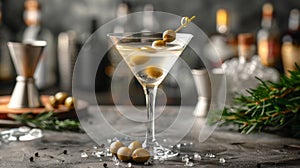 cocktail presentation, a martini, shaken and poured into a chilled glass with olives at the bottom, presents a visually photo