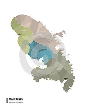 Martinique higt detailed map with subdivisions. Administrative map of Martinique with districts and cities name, colored by states