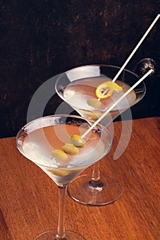 Martinis on rustic background with space for text. Vertical shot