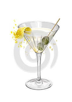 Martini cocktail illustration with green olives and a twist of lemon