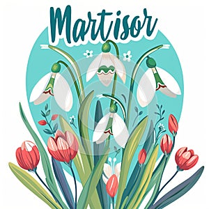 Martisor celebrating postcard with lettering and snowdrops flower. Baba Marta holiday concept. Martenitsa