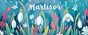 Martisor celebrating postcard with lettering and snowdrops flower. Baba Marta holiday concept. Martenitsa