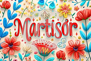 Martisor celebrating postcard with lettering and snowdrops flower. Baba Marta holiday concept. Martenitsa