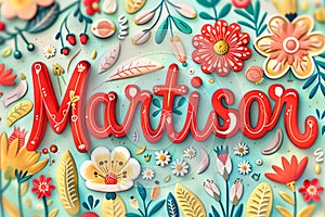 Martisor celebrating postcard with lettering and snowdrops flower. Baba Marta holiday concept. Martenitsa