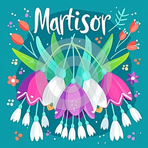 Martisor celebrating postcard with lettering and snowdrops flower. Baba Marta holiday concept. Martenitsa