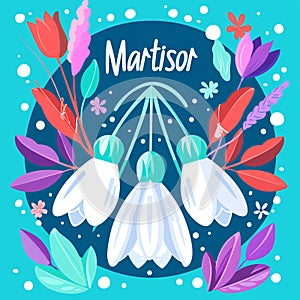 Martisor celebrating postcard with lettering and snowdrops flower. Baba Marta holiday concept. Martenitsa