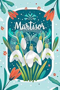 Martisor celebrating postcard with lettering and snowdrops flower. Baba Marta holiday concept. Martenitsa