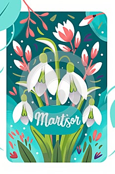Martisor celebrating postcard with lettering and snowdrops flower. Baba Marta holiday concept. Martenitsa