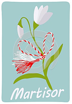 Martisor. Match 1. Martenitsa sign on blooming lily of the valley