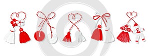 Martisor set, red and white symbol of spring. Traditional spring holiday in Romania and Moldova. Symbols, talismans photo