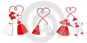 Martisor set, red and white symbol of spring. Traditional spring holiday in Romania and Moldova. Symbols, talismans photo