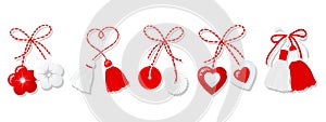 Martisor set, red and white symbol of spring. Traditional spring holiday in Romania and Moldova. Symbols, talismans photo
