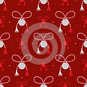 Martisor talismans, gifts, traditional accessories and dots vector seamless pattern background for Martisor holiday celebration