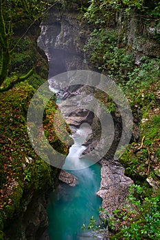 Martvili canyon in Georgia. Beautiful natural canyon with view of the mountain river Abasha