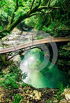 Martvili canyon in Georgia. Beautiful natural canyon with view of the mountain river, christal blue water and boat ride near Kutai