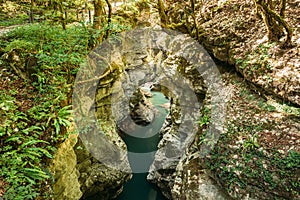 Martvili Canyon, Georgia. Landscape Abasha River. Natural Monument Is Located In The Village Inchkhuri