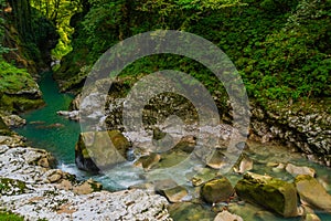 MARTVILI, GEORGIA: Abasha River with azure water in Martvili Canyon on a summer day.