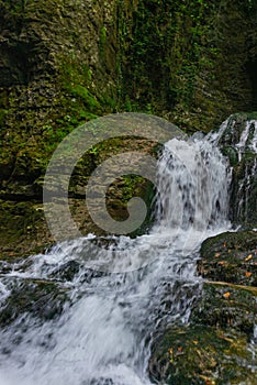 MARTVILI, GEORGIA: Beautiful natural Martvili canyon with view of the mountain river and waterfall.