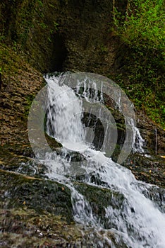 MARTVILI, GEORGIA: Beautiful natural Martvili canyon with view of the mountain river and waterfall.