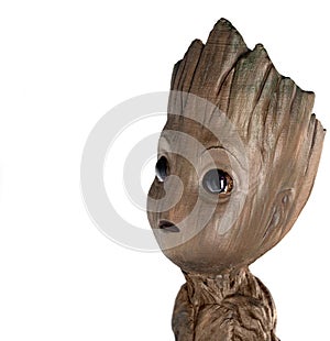 Marvel avengers kid groot isolated on white background. Cinema style.