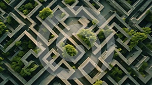Marvel at this captivating aerial perspective of a tree-filled maze, showcasing the intricate pathways created by nature, A citys