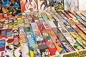 Marvel and DC comic book on display