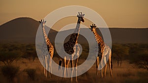 Marvel at the resplendent sight of multiple giraffes dotted across the savannah, their tall figures and distinctive patterns