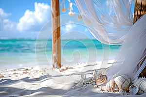 Marvel at a stunning beach covered in shells beneath a beautiful canopy of trees, A beach themed wedding background with a