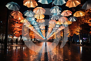 Marveling at the colorful lights of the overhead canopy - stock photo concepts